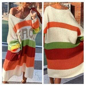 NEW-Plus Size PEACE Pattern Color Block Sweater Dress
